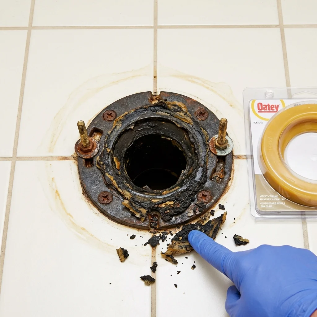 Failed wax ring showing water seepage at the base of a toilet in a Victoria, MN home