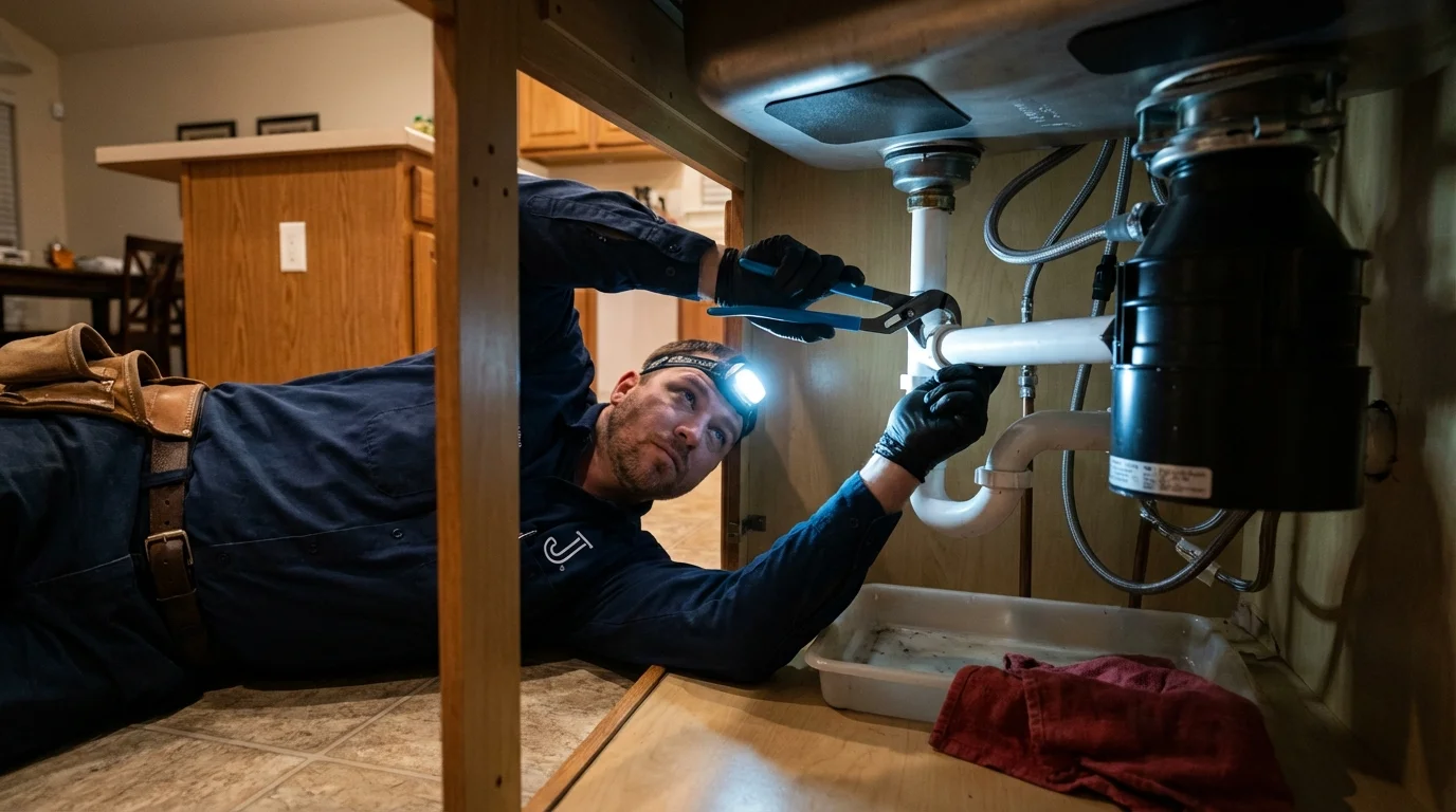 P-trap and supply line connections under a kitchen sink showing a common leak point in Victoria, MN